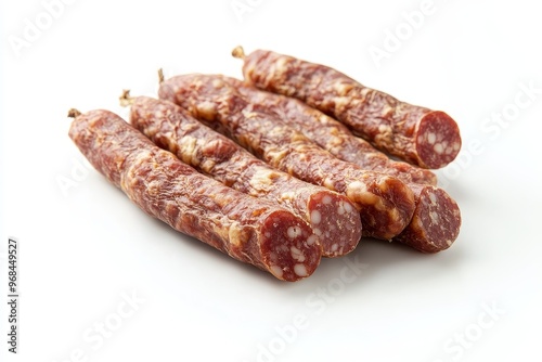 A close-up photo of a group of French dried sausages, known as Saucisson Sec, showcasing their rich color, texture, and savory appeal. The image evokes flavors of tradition, gourmet cuisine, and simp