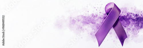 Purple ribbon on powder explosion offset on white wide banner background photo