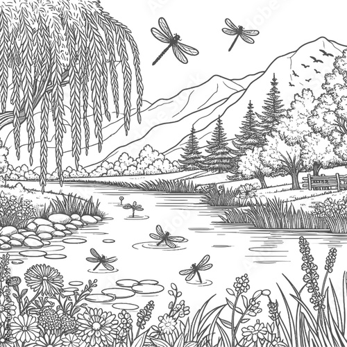 A peaceful riverbank with willow trees, wildflowers, and dragonflies hovering above coloring page 