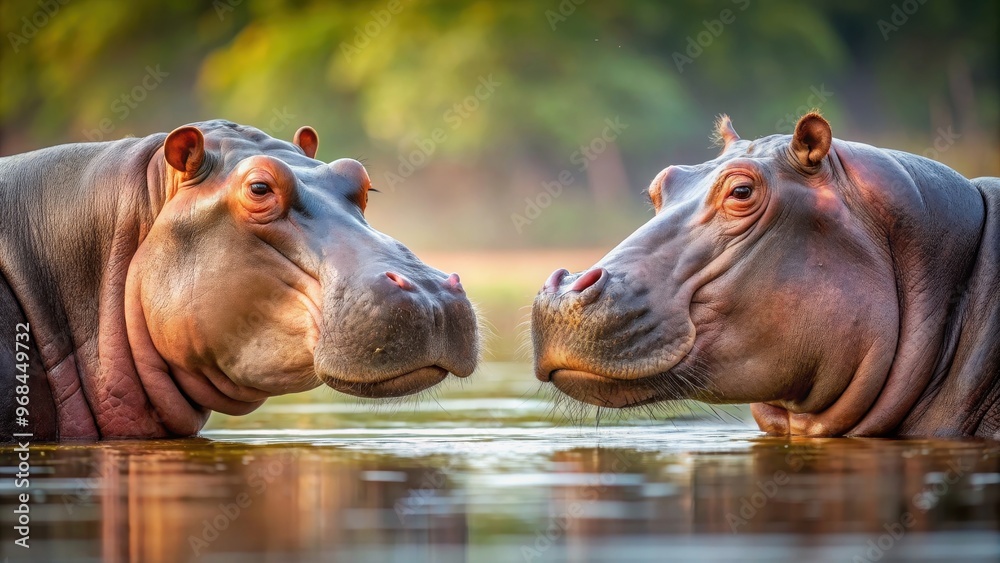 of two hippos in love looking at each other, hippos, love, affection, romantic, wildlife, animals, pair, couple, relationship of two hippos in love looking at each other, hippos, love, affection, romantic, wildlife, animals, pair, couple, relationship