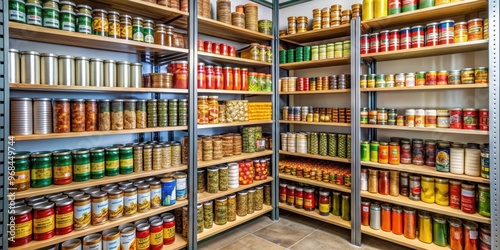 Shelves stocked with canned foods in a humble community food pantry , generosity, community, food pantry, canned foods photo