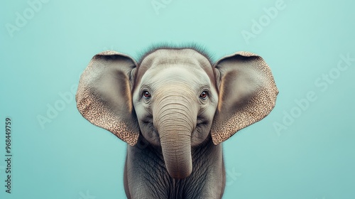 A close-up portrait of a baby elephant with large, expressive eyes and a gentle smile. The elephant's trunk is slightly raised, conveying a sense of curiosity and playfulness. The image captures the i