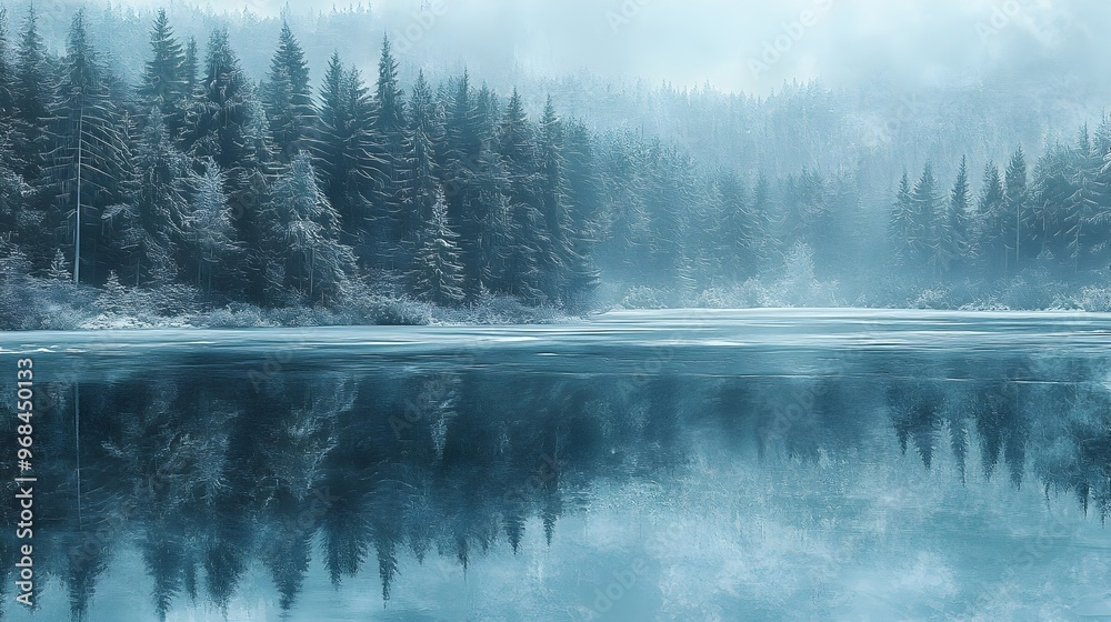 Serene Frozen Lake Surrounded by Majestic Pine Forest in Winter Wonderland Serene Frozen Lake Surrounded by Majestic Pine Forest in Winter Wonderland