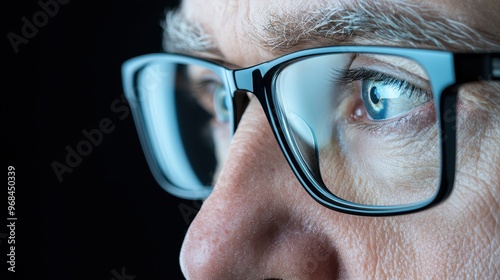 Closeup of Senior Man s Eye with Glasses photo