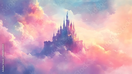 Majestic Fantasy Castle Rises Above Dreamy Watercolor Skies with Glowing Magical Clouds
