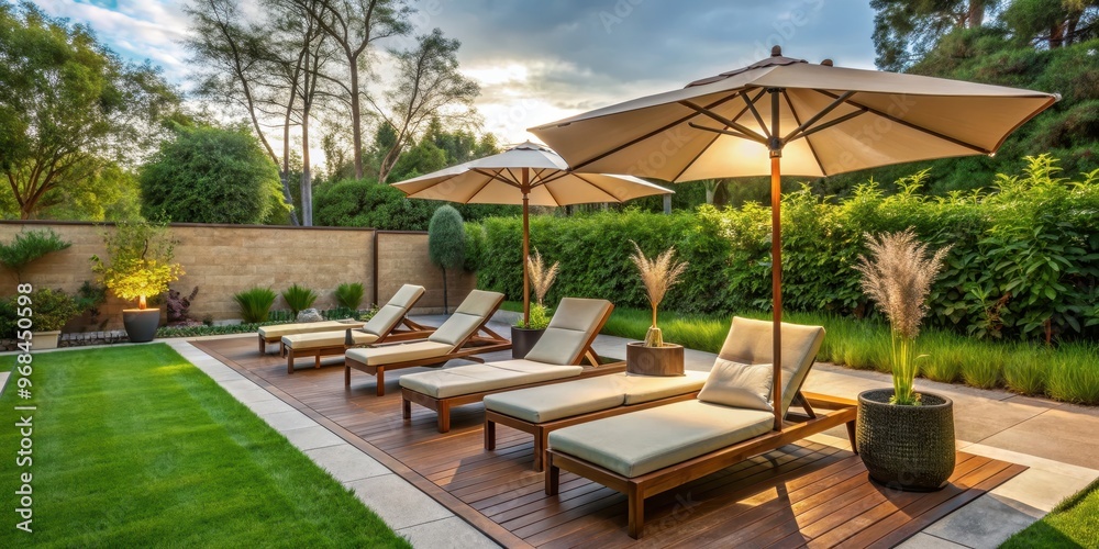 Outdoor chaise lounge chairs with umbrellas in a backyard, outdoor furniture, relaxation, summer, backyard, patio, lounging Outdoor chaise lounge chairs with umbrellas in a backyard, outdoor furniture, relaxation, summer, backyard, patio, lounging