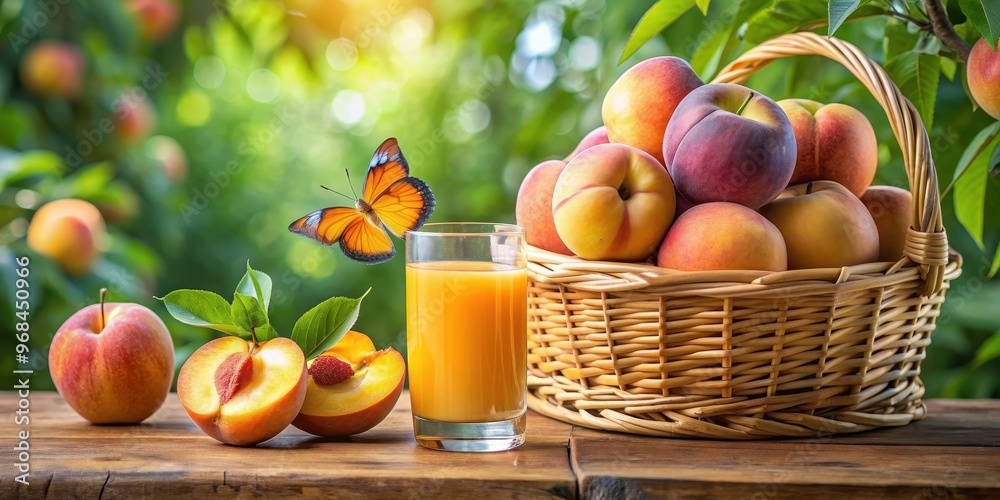 Φωτογραφία Overflowing basket of ripe peaches with glass of peach juice and butterfly nearb