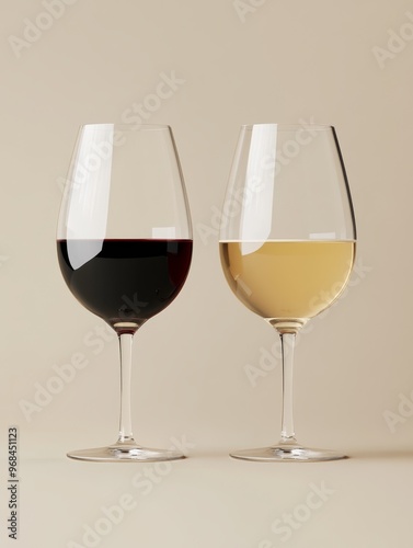 A close-up shot of two wine glasses, one filled with red wine and the other with white wine, against a simple beige background. The glasses are crystal clear, showcasing the vibrant colors of the wine