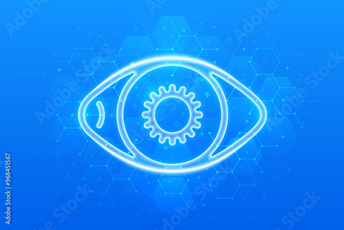 Eye icon. Ophthalmology. Vision eye care. Ophthalmologist consultation. Eye Exam. Laser Surgery. Choosing glasses. Molecular structure. Blue medical background with hexagons. Vector illustration.