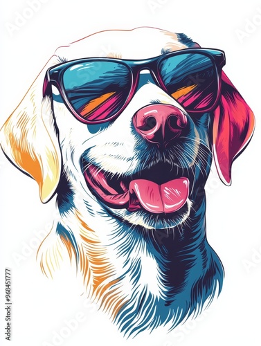 A cute and happy Labrador Retriever dog wearing sunglasses. The dog is smiling and has its tongue sticking out. The image is in a  format and is perfect for use on t-shirts, mugs, and other merchandis photo