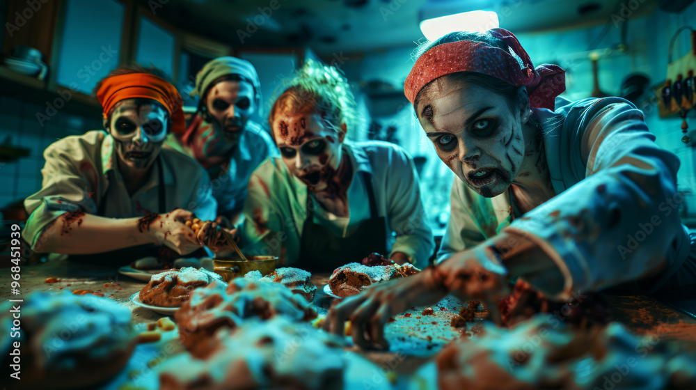 Obraz premium zombie family baking in a decrepit kitchen, with decayed ingredients and a lifeless atmosphere, everyone engaged in the activity with blank expressions