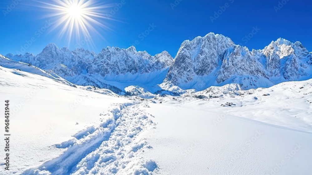 Snowy Mountain Range with Footpath Leading to Sun Snowy Mountain Range with Footpath Leading to Sun