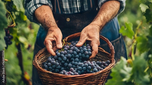 Hands Holding Basket of Freshly Harvested Grapes in Lush Vineyard