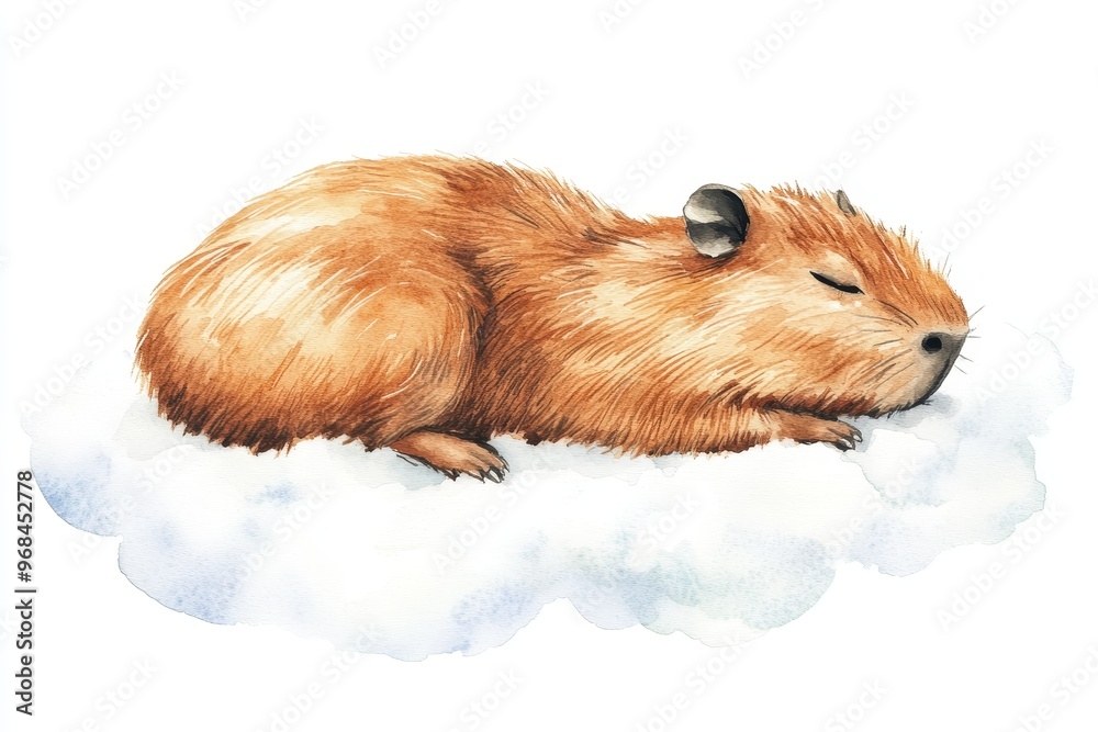 A cute watercolor illustration of a capybara sleeping peacefully on a fluffy cloud. The capybara's soft fur, closed eyes, and relaxed posture convey a sense of tranquility and contentment. This image A cute watercolor illustration of a capybara sleeping peacefully on a fluffy cloud. The capybara's soft fur, closed eyes, and relaxed posture convey a sense of tranquility and contentment. This image