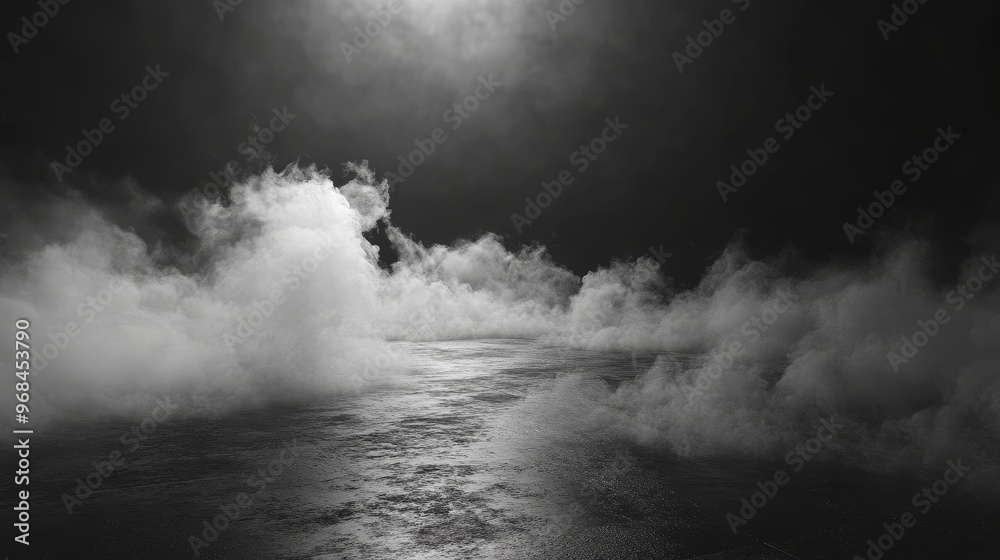 Fototapeta premium A dark, atmospheric background featuring a thick fog rolling across a black floor. The scene is reminiscent of a mystical landscape, with the fog symbolizing mystery, obscurity, and the unknown. The d