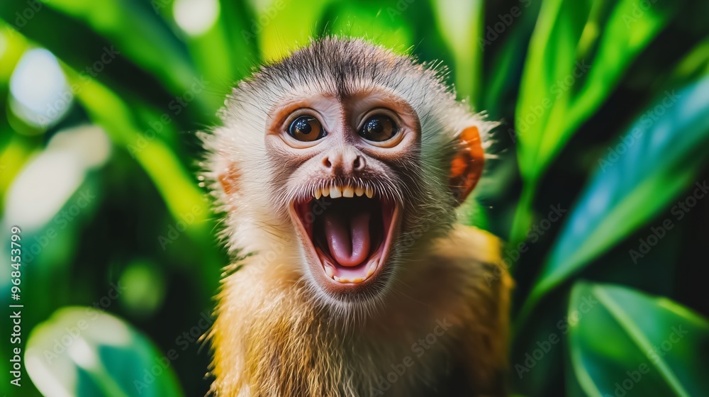 Fototapeta premium Small monkey is making a funny face with its mouth wide open while sitting in the jungle