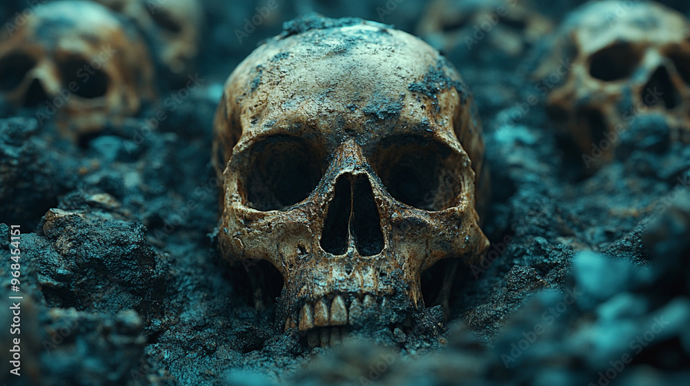 A detailed close-up of a skull partially buried in dark soil, surrounded by other skulls, evoking a sense of mystery and history. A detailed close-up of a skull partially buried in dark soil, surrounded by other skulls, evoking a sense of mystery and history.