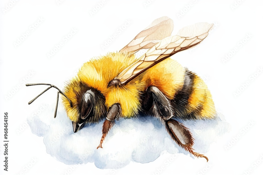 A delicate watercolor painting of a cute little bee, resting peacefully with its wings folded. The bee's fuzzy body and delicate details are beautifully captured, symbolizing the beauty of nature, the A delicate watercolor painting of a cute little bee, resting peacefully with its wings folded. The bee's fuzzy body and delicate details are beautifully captured, symbolizing the beauty of nature, the