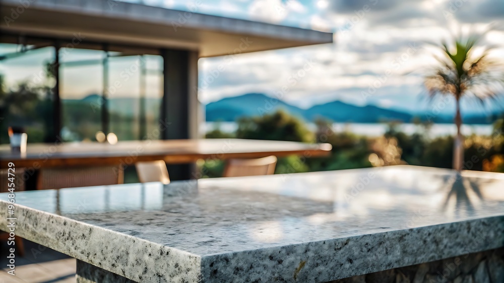 Empty stone or marble tabletop or counter with display product with blured city, town, outdoor background. Display product background concept. Empty stone or marble tabletop or counter with display product with blured city, town, outdoor background. Display product background concept.