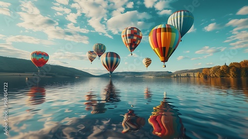 Hot air balloons floating gracefully over a serene lake, reflecting their bright colors on the watera??s surface photo