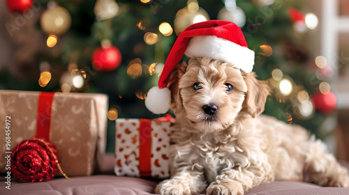 Cute puppy wearing a Santa hat is sitting happily beside a Christmas tree decorated with colorful ornaments.