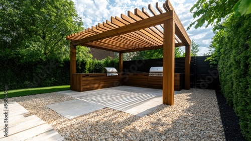 Cozy Outdoor Kitchen Extension with Stylish Pergola and Integrated Barbecue