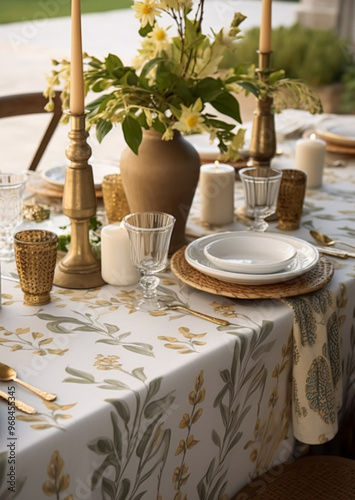 Botanical holiday tablescape, outdoor English country table setting, table scape with elegant tableware and dinnerware for wedding party and event, post-processed, generative ai