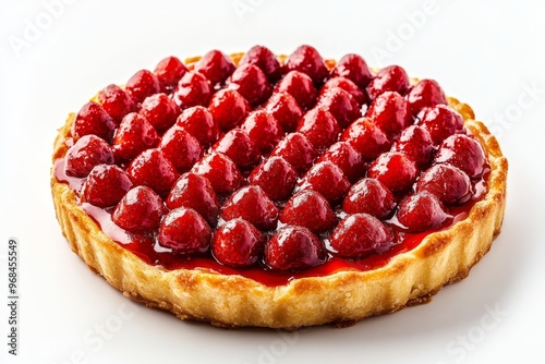 A freshly baked strawberry tart, featuring a golden crust and a generous layer of sweet, juicy strawberries, topped with a glistening glaze. A classic French dessert, perfect for any occasion.