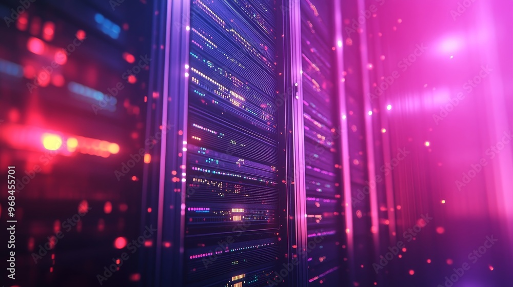 A futuristic and abstract image of a data center with rows of servers, glowing with vibrant pink and purple lights. It symbolizes the power, speed, and connectivity of modern technology. The image rep A futuristic and abstract image of a data center with rows of servers, glowing with vibrant pink and purple lights. It symbolizes the power, speed, and connectivity of modern technology. The image rep