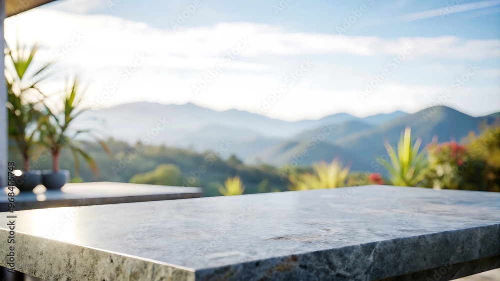 Empty stone or marble tabletop or counter with display product with blured city, town, outdoor background. Display product background concept. Empty stone or marble tabletop or counter with display product with blured city, town, outdoor background. Display product background concept.