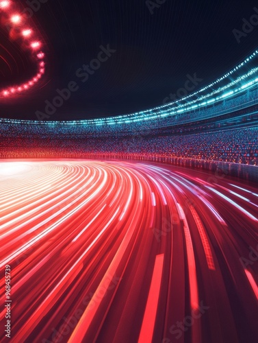 A futuristic abstract image of a stadium lit with red and blue lights, the trail of a car racing around the track,  symbolizing speed, competition, innovation, technology, and progress. photo