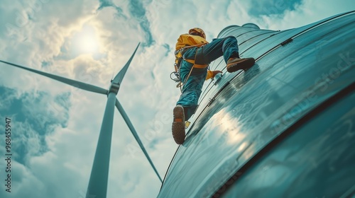 Wind turbine, technician climbing for repairs, renewable energy