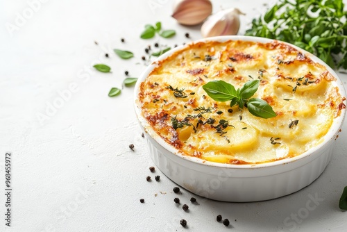 A golden brown gratin dauphinois, a classic French potato dish, with crispy edges and a creamy interior,  garnished with fresh basil and thyme.