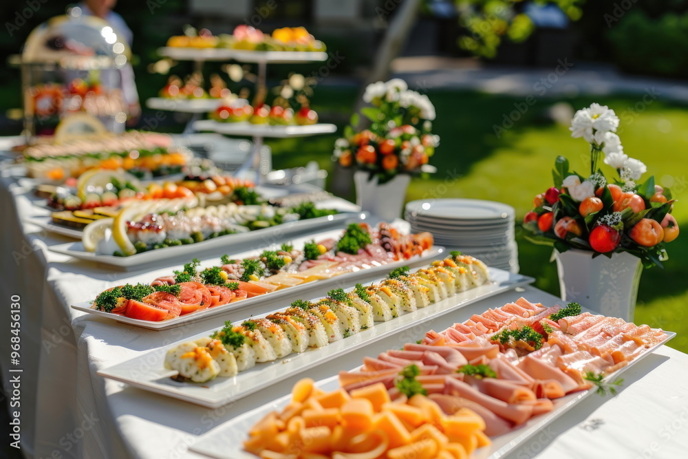 Fototapeta premium Catering food on long table, Party