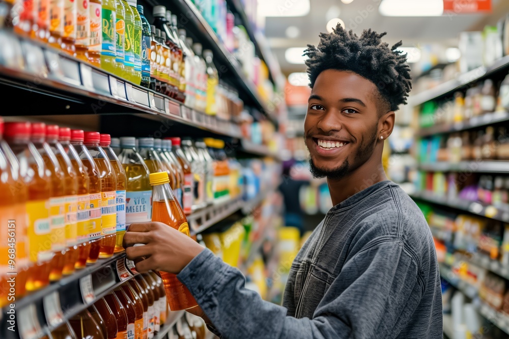 Young man is smiling while choosing a bottle of juice from the beverage aisle of a grocery store