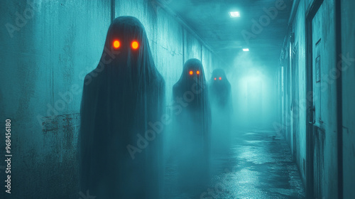 Eerie corridor with ghostly figures glowing in the mist, creating a sense of suspense and haunting atmosphere. photo