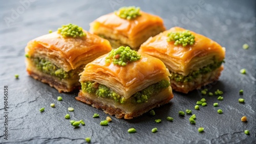 Macro image of baklava with pistachios on grey background, a traditional Jewish, Turkish, and Arabic dessert