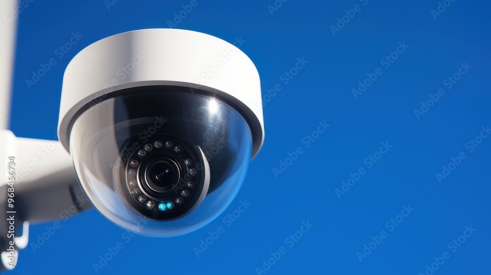 Security Camera Dome CCTV Surveillance System Against Blue Sky Security Camera Dome CCTV Surveillance System Against Blue Sky