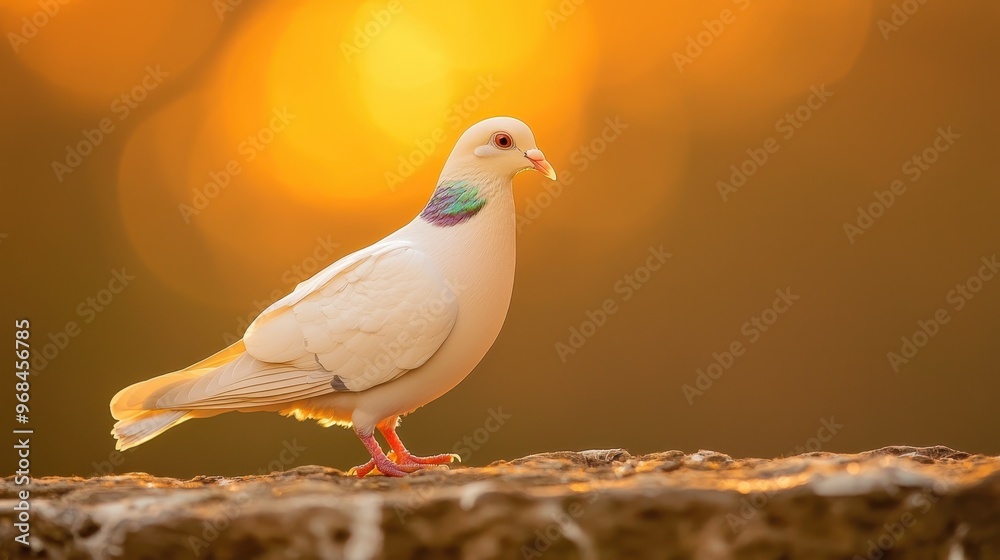 Fototapeta premium White Dove Perched on Rock with Golden Sunset Background