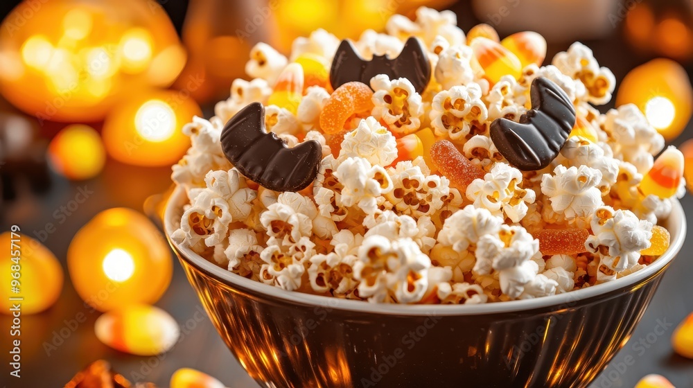 Halloween Popcorn Snack Bowl with Candy Corn and Chocolate Bats Halloween Popcorn Snack Bowl with Candy Corn and Chocolate Bats