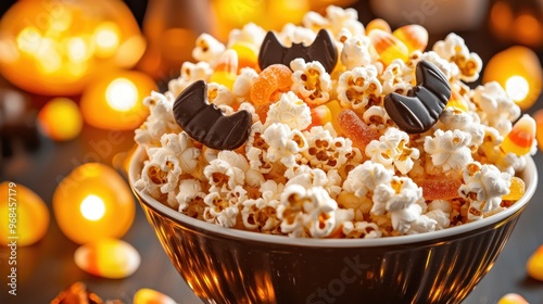 Halloween Popcorn Snack Bowl with Candy Corn and Chocolate Bats