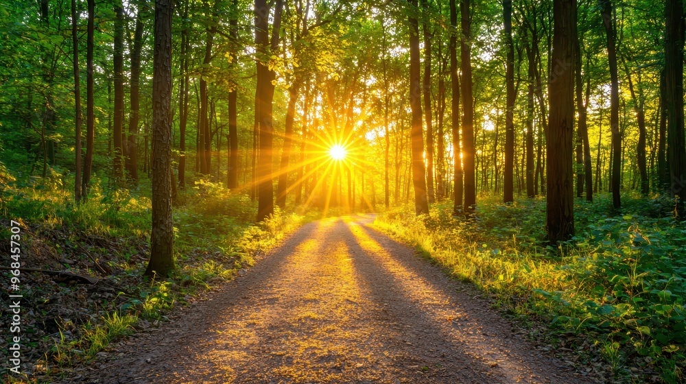 Obraz premium Sunbeams Through Forest Trees on Path