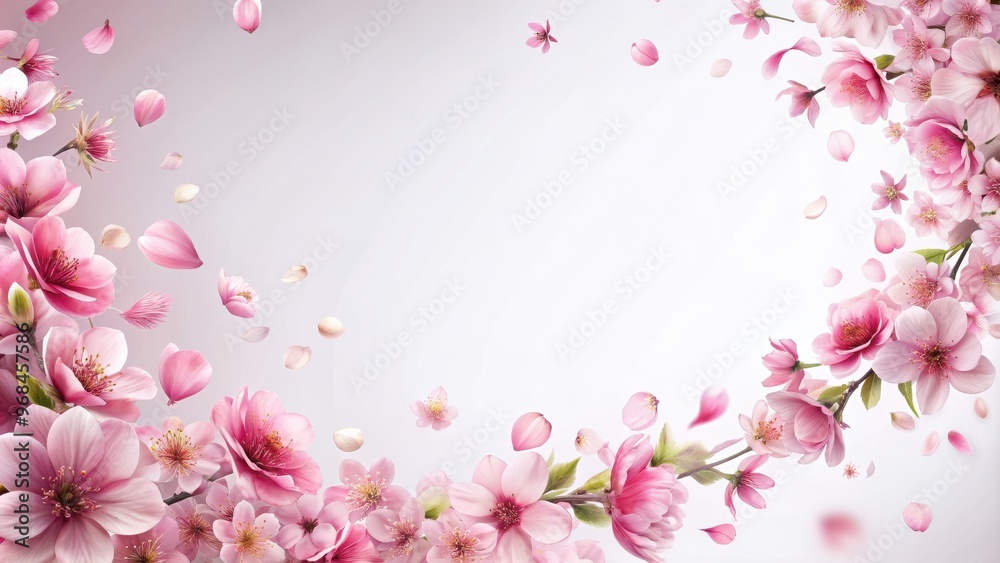 Floral border of flying pink flowers and petals, isolated, pink, flowers, border, floral, isolated, romantic, soft, delicate Floral border of flying pink flowers and petals, isolated, pink, flowers, border, floral, isolated, romantic, soft, delicate