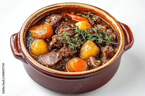 A hearty and flavorful French beef stew, Daube Provençal, simmered in a rich red wine sauce with vegetables and herbs, served in a rustic brown pot. photo