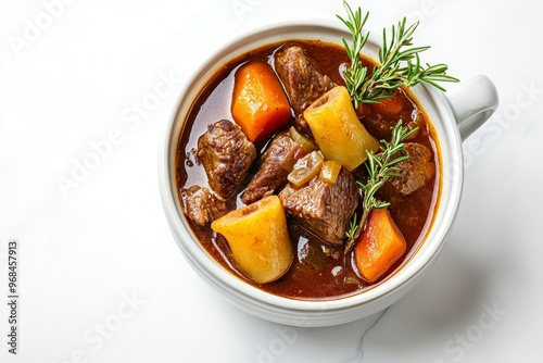 A hearty and flavorful Navarin d'Agneau, a classic French lamb stew, with tender chunks of lamb, carrots, and potatoes in a rich, savory broth. This comforting dish is perfect for a cozy evening meal. photo