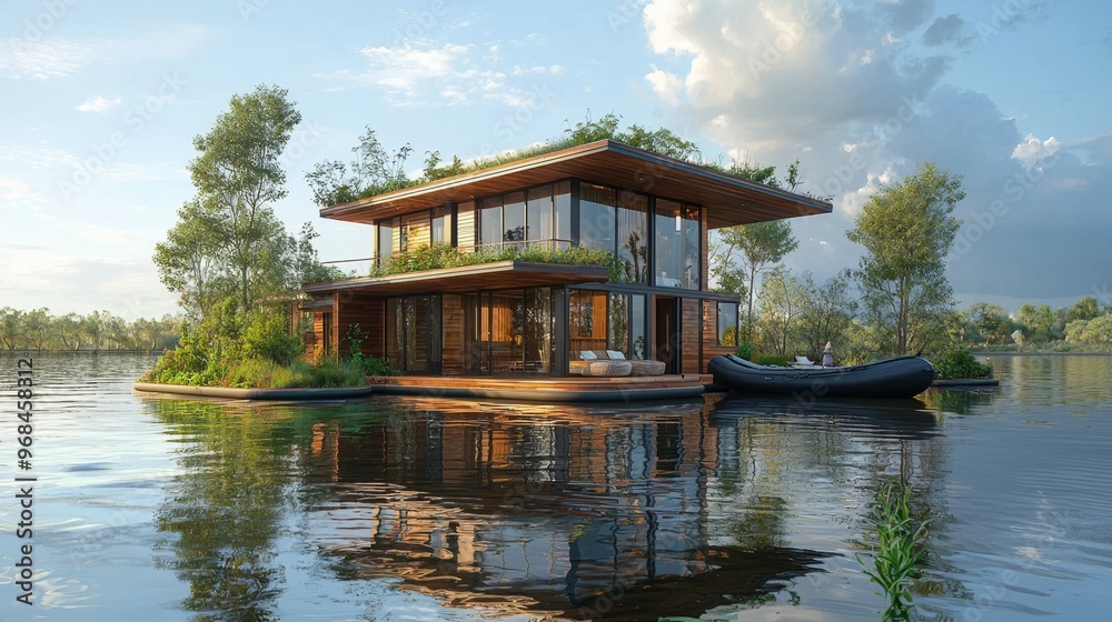 Modern Eco Friendly Floating Home on a Lake with Green Roof and Boat Modern Eco Friendly Floating Home on a Lake with Green Roof and Boat