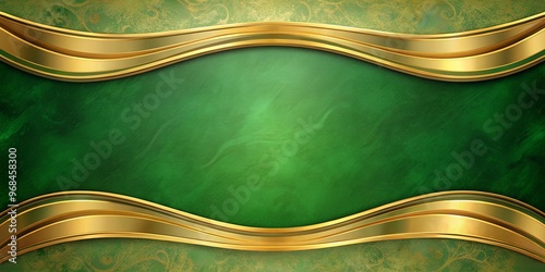 Abstract green and gold background with paint curves and gold border