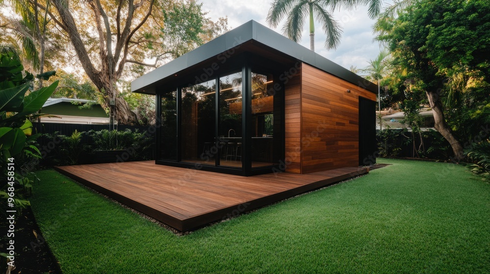 Modern Outdoor Kitchen Extension with Shera Wood Siding in a Lush Garden Modern Outdoor Kitchen Extension with Shera Wood Siding in a Lush Garden