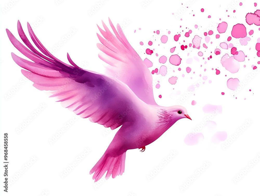 Obraz premium Pink dove clipart, symbol of peace for breast cancer awareness, watercolor illustration, sharp outlines, vibrant pink bird, isolated on white background