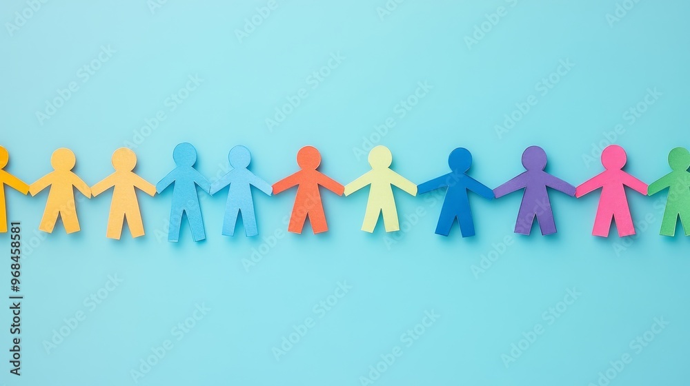 A line of colorful paper cut-out humans holding hands symbolizes unity, community, diversity, connection, and collaboration. A line of colorful paper cut-out humans holding hands symbolizes unity, community, diversity, connection, and collaboration.